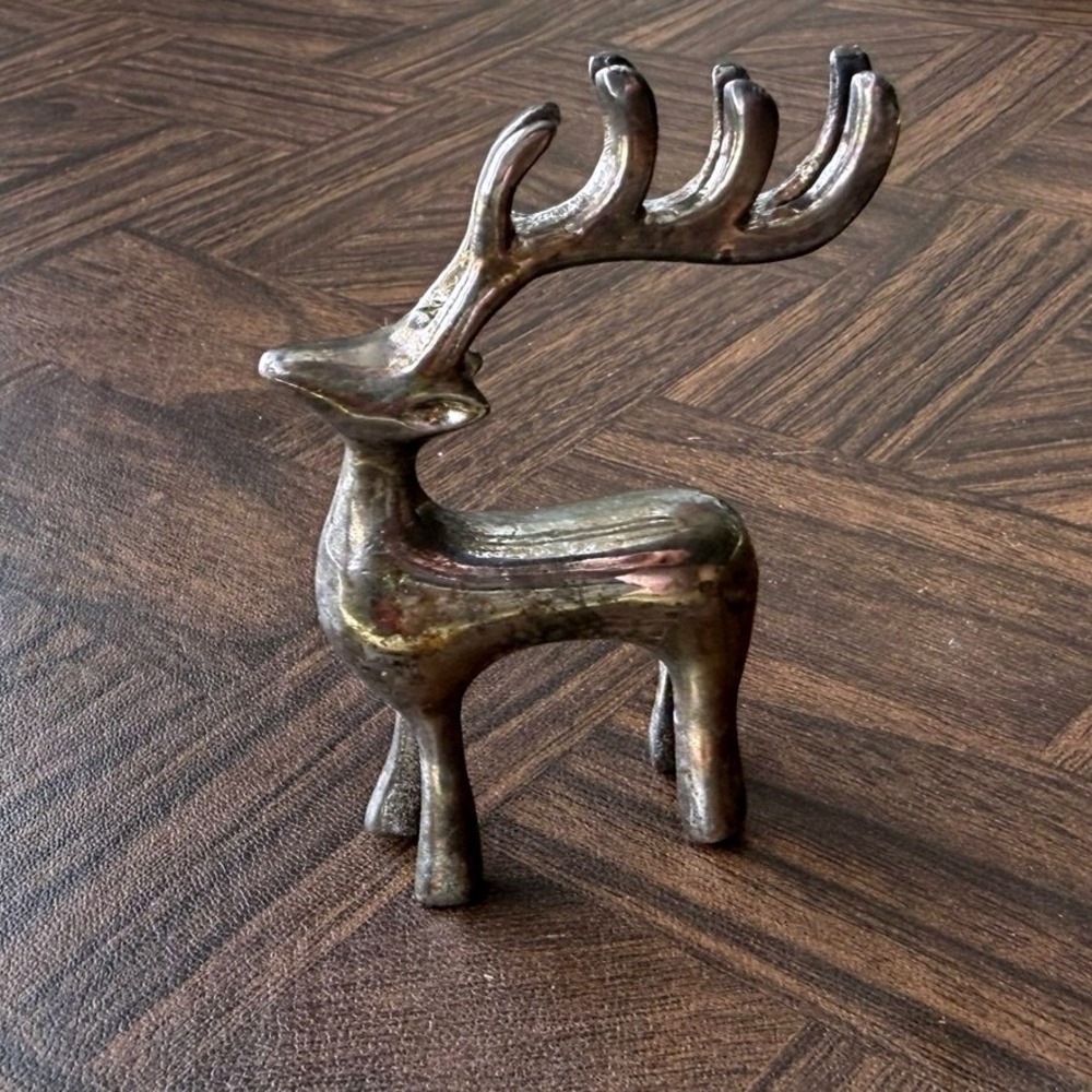 Vintage Silver Metal Reindeer Figurine Mid Century Modern Christmas Decor 4"
